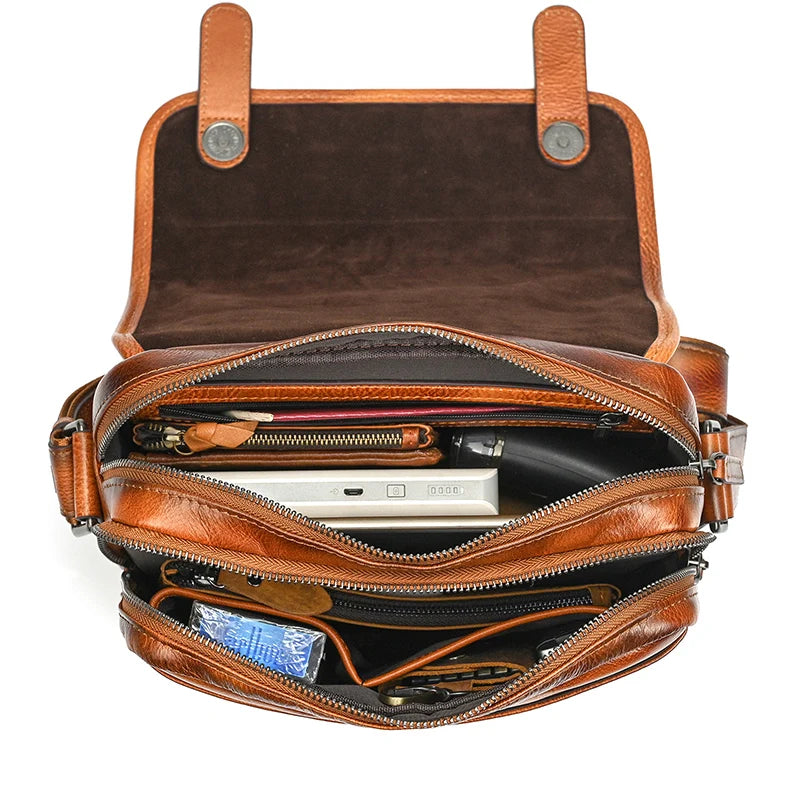 Brown leather crossbody mini bag with multiple compartments for organization