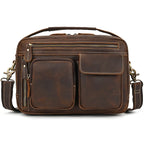 Brown leather crossbody mini bag with multiple zippered pockets