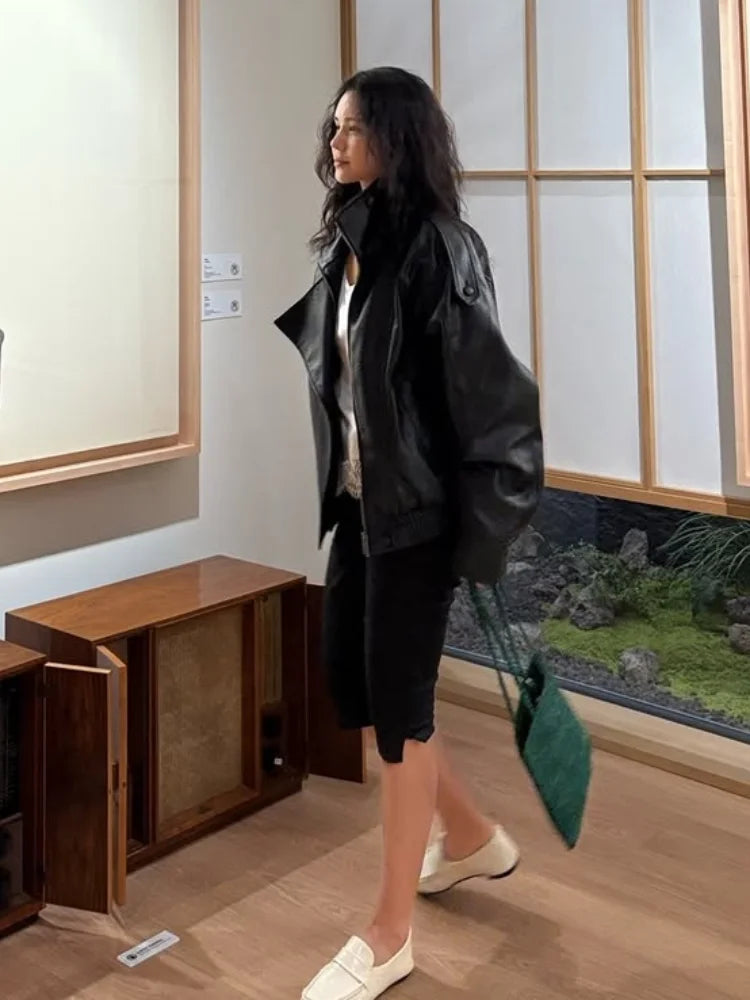 Black leather jacket biker, stylish outerwear for casual outfits