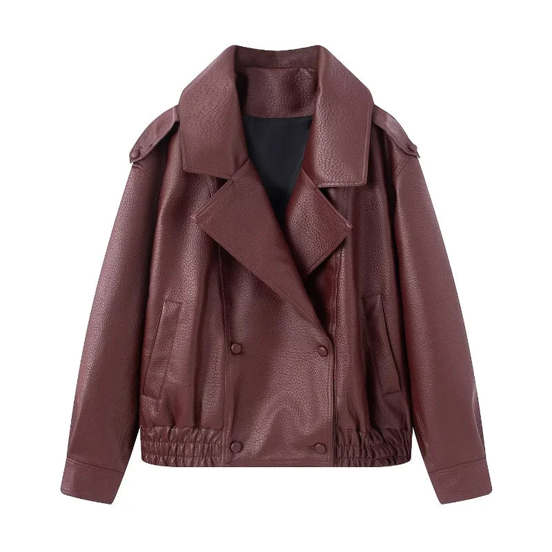 Burgundy leather jacket biker, stylish outerwear for casual outings