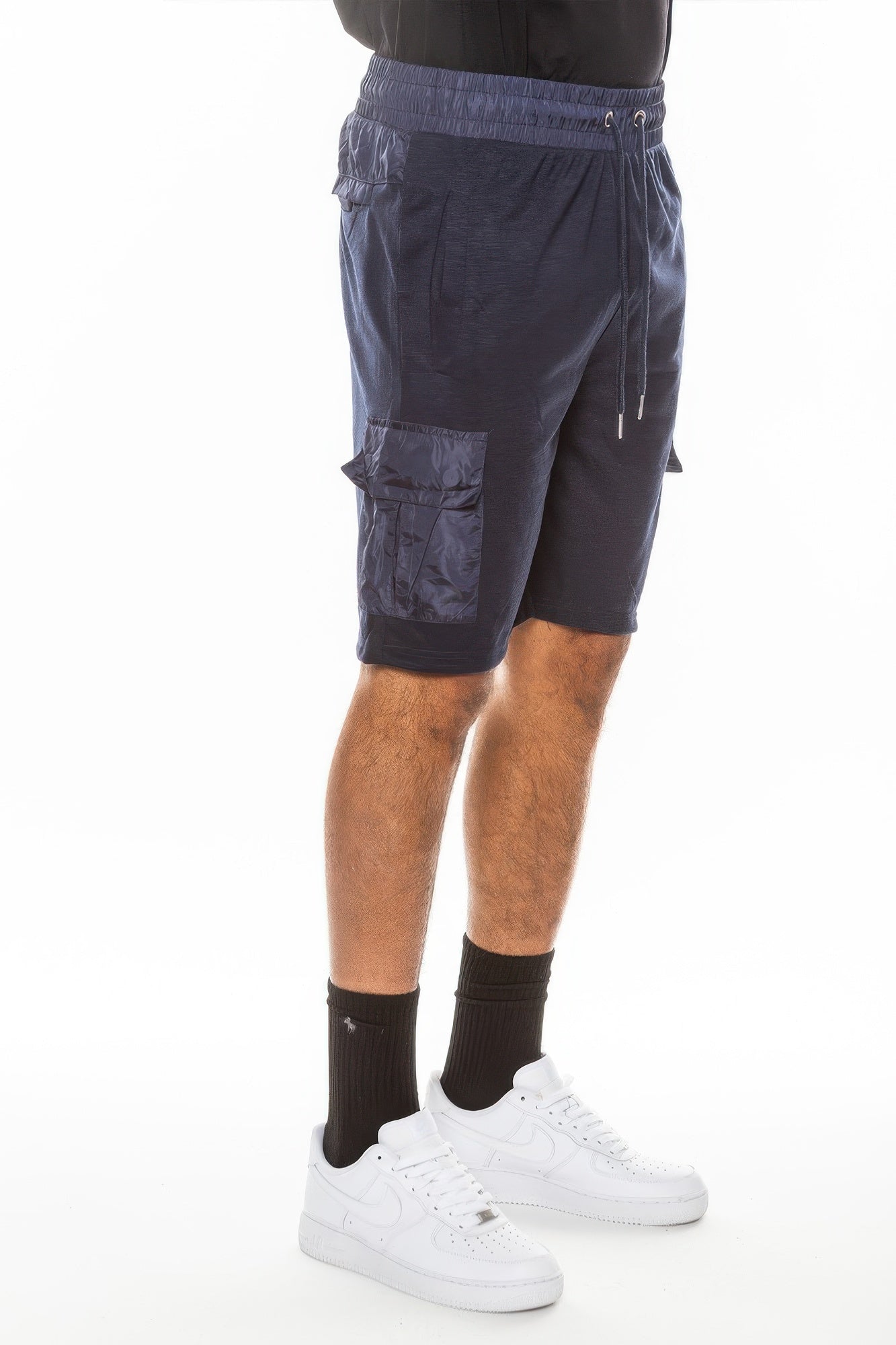 Men's navy lightweight running shorts with cargo pockets for active wear