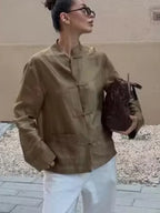Women's brown linen shirt with mandarin collar for casual outings