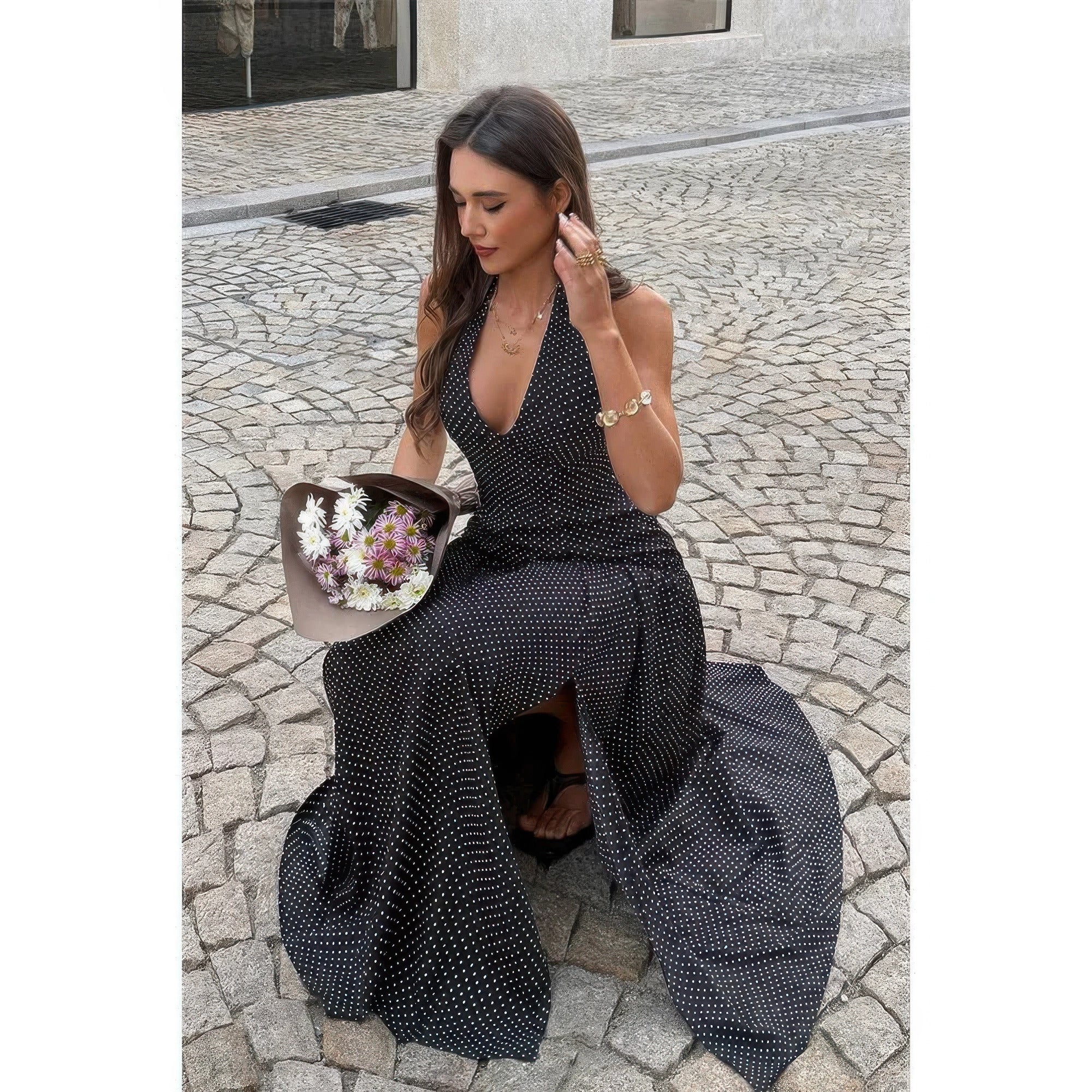 Women's black polka dot halter neck maxi dress for summer outings