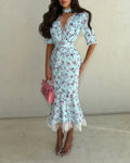 Floral midi dress in blue, lace details, perfect for summer parties and maxi dress.