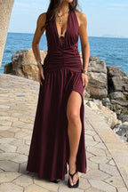 Burgundy halter neck ruched maxi dress for summer beach outings