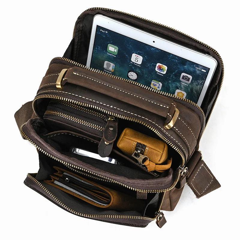 Mens crossbody bag in brown leather, ideal for daily essentials