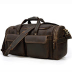 Brown leather men's duffle bag for travel and gym use