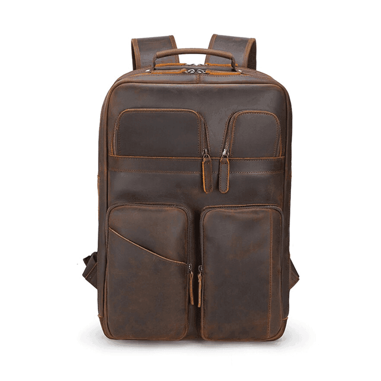 VacationGrabs mens leather backpack with multiple front pockets and adjustable straps for versatile use