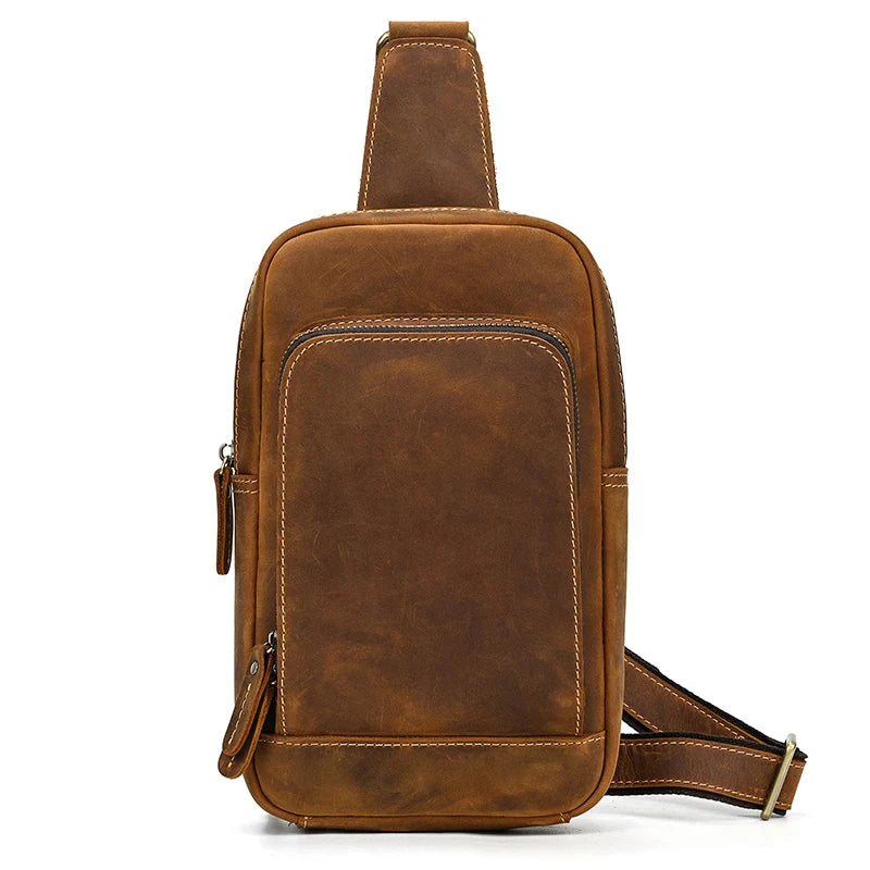mens sling shoulder bag, brown leather, compact for everyday use