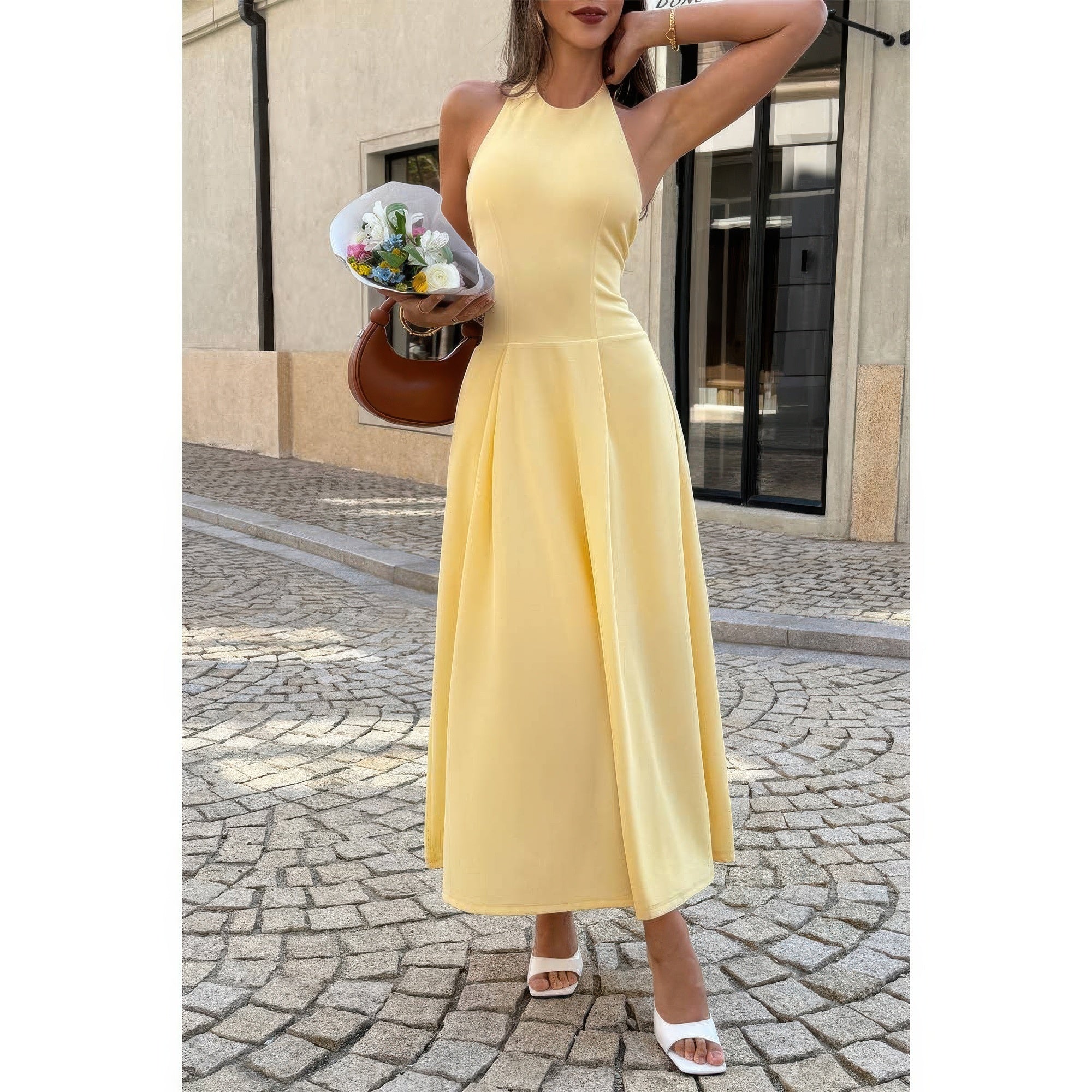 Yellow midi dress, sleeveless fit, perfect for summer outings