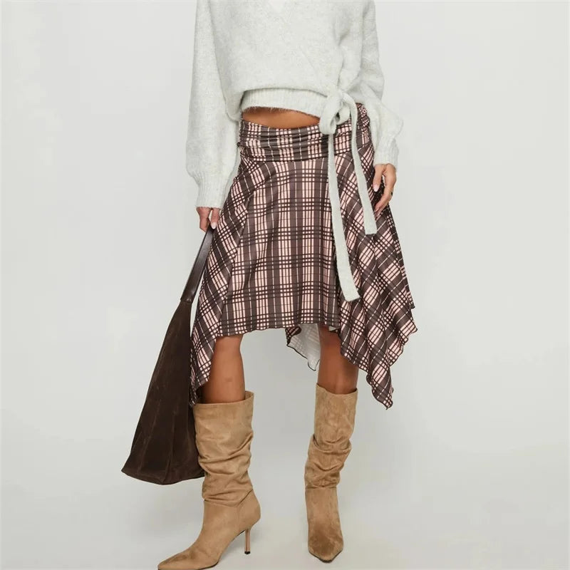 Women's brown plaid midi skirt for stylish fall outfits