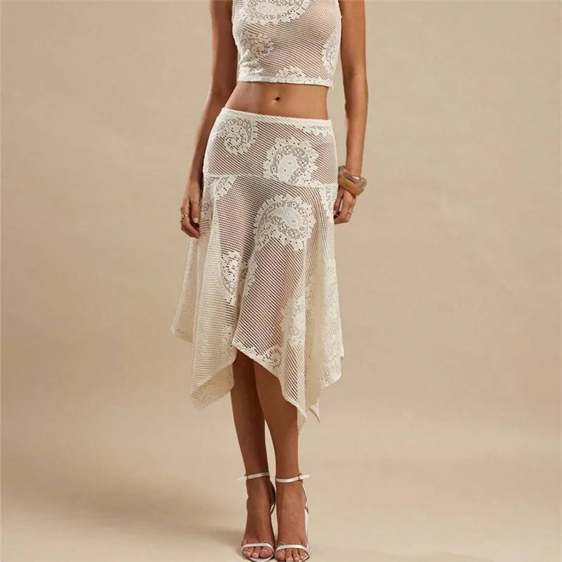 Women's lace midi skirt in cream, perfect for summer outings