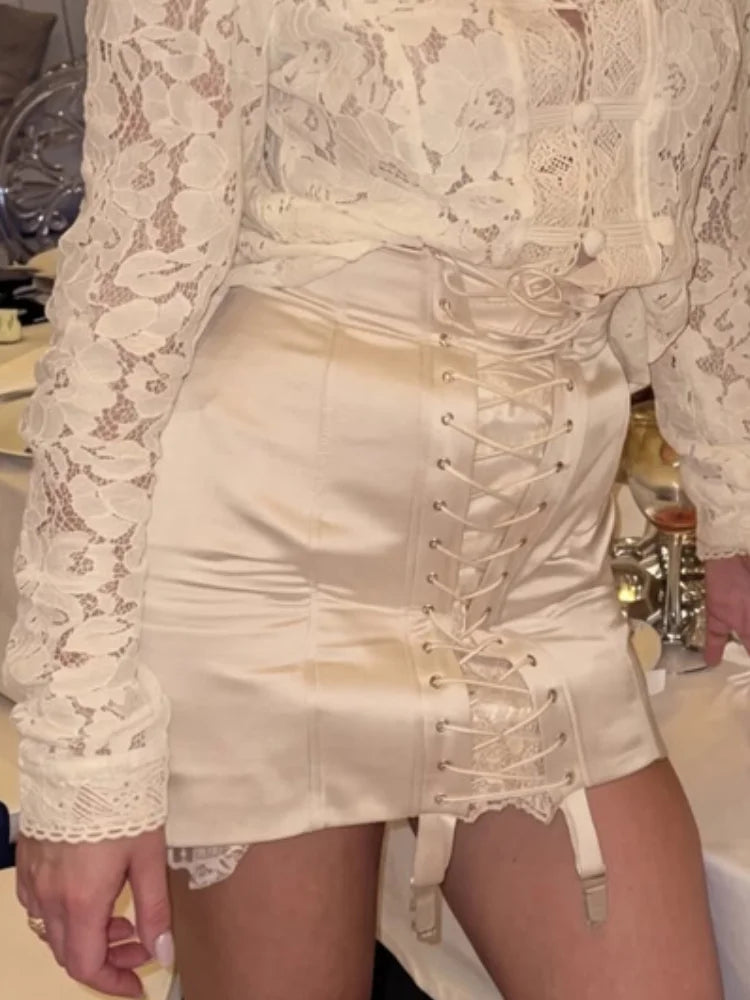 Women's satin mini skirt with lace-up front for stylish occasion wear