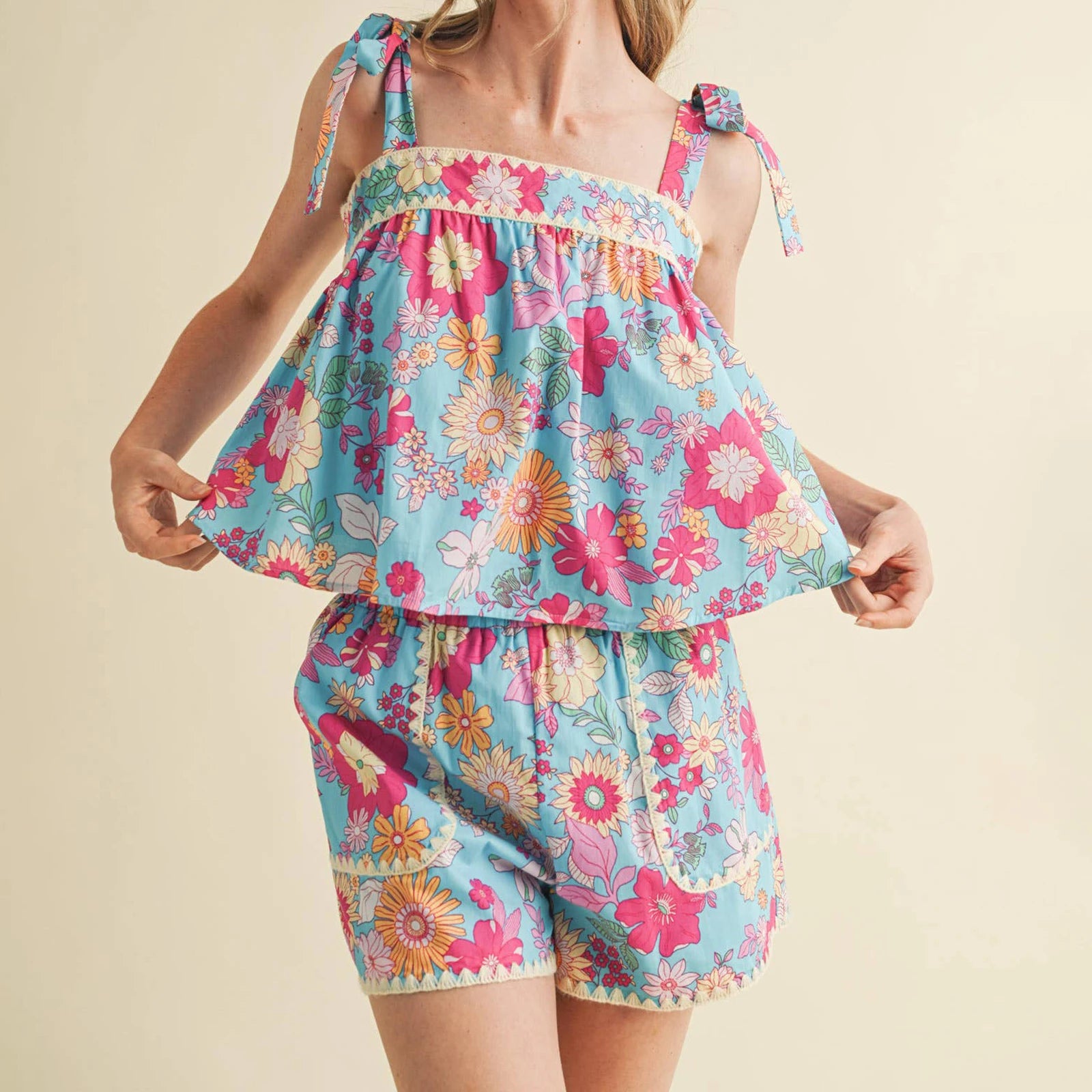 Women's floral pajama set in blue, lightweight for lounging
