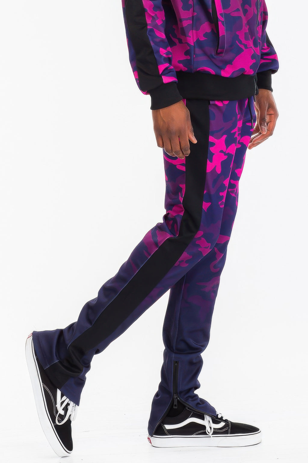 Men's camo pants in purple and black, perfect for casual outings