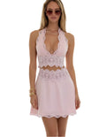 Women's pink mini skirt outfit, lace design, perfect for summer events