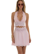 Women's pink mini skirt outfit, lace design, perfect for summer events