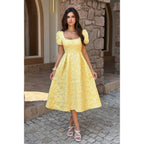 Yellow puff sleeve dress, floral fabric, perfect for summer occasions