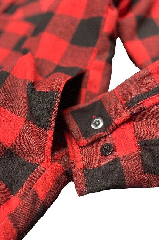 Men's red and black flannel shirt, perfect for layered looks under a quilted jacket