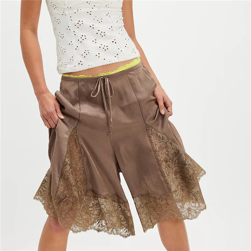 Women's satin pajamas, brown with lace trim, stylish sleepwear