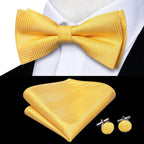 Yellow silk bow ties for men with matching pocket square and cufflinks