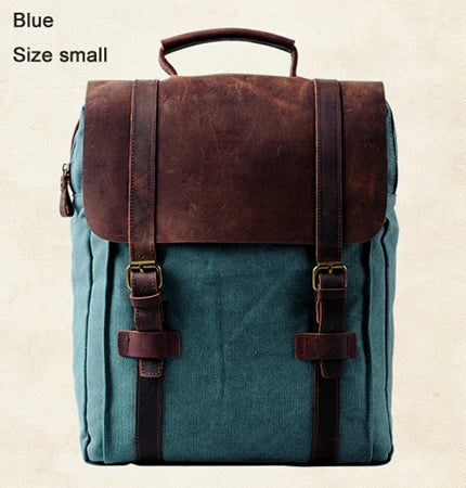 Blue canvas sprayground backpack with leather accents, size small