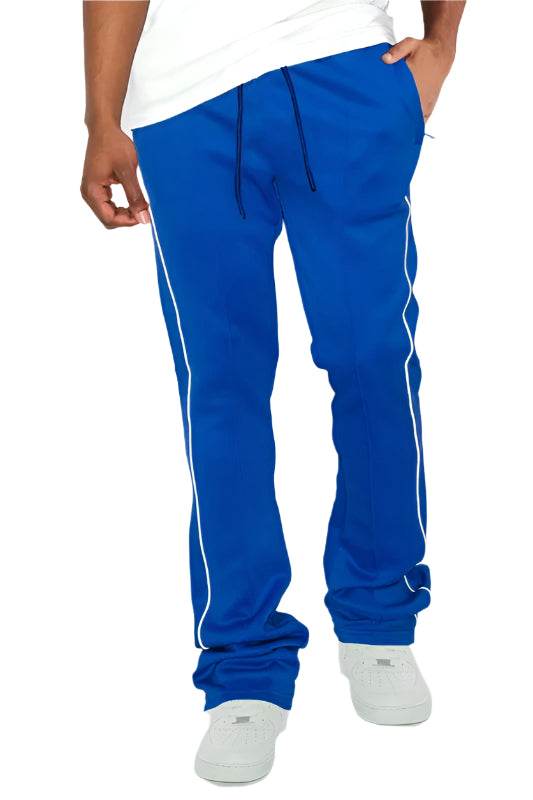 Men's blue stacked pants with elastic waistband, perfect for activewear