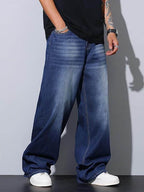 Men's wide-leg blue jeans, casual wear for supreme streetwear style
