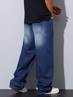 Men's wide-leg blue jeans, casual streetwear style for supreme streetwear