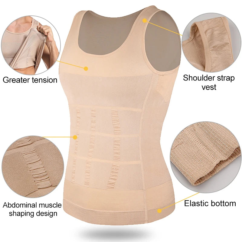 Men's beige compression tank top, elastic bottom for support