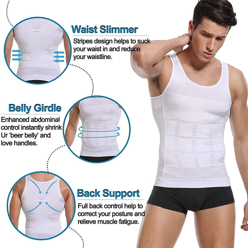 Men's white compression tank top designed for tummy control