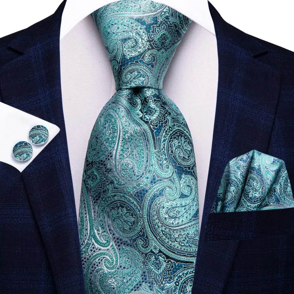 Men's teal green striped silk tie set for formal occasions