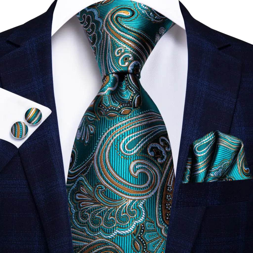 Men's teal green striped silk tie set for formal occasions