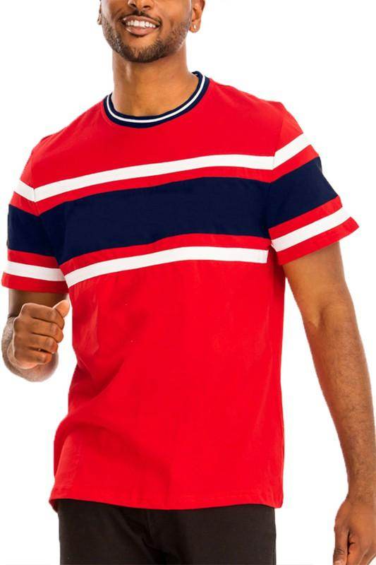 WEIV Men's Three Stripe Shirt in Red with Navy and White Stripes for Casual Wear