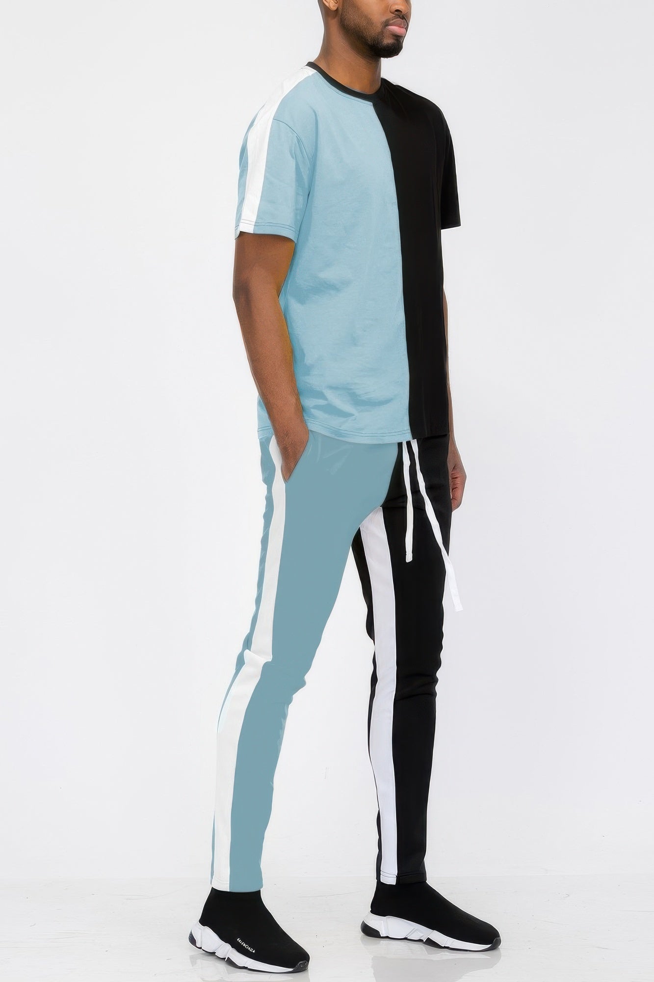 Men's two-tone track pants in black and blue for casual wear