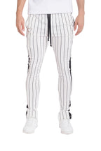 Men's white striped track pants with a comfortable fit for casual wear
