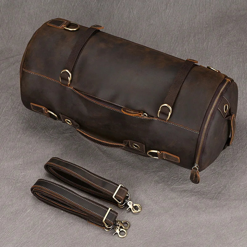 Brown leather travel backpacking backpack with adjustable straps