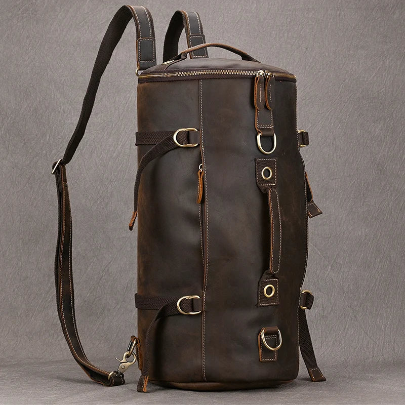 Brown leather travel backpacking backpack for outdoor adventures