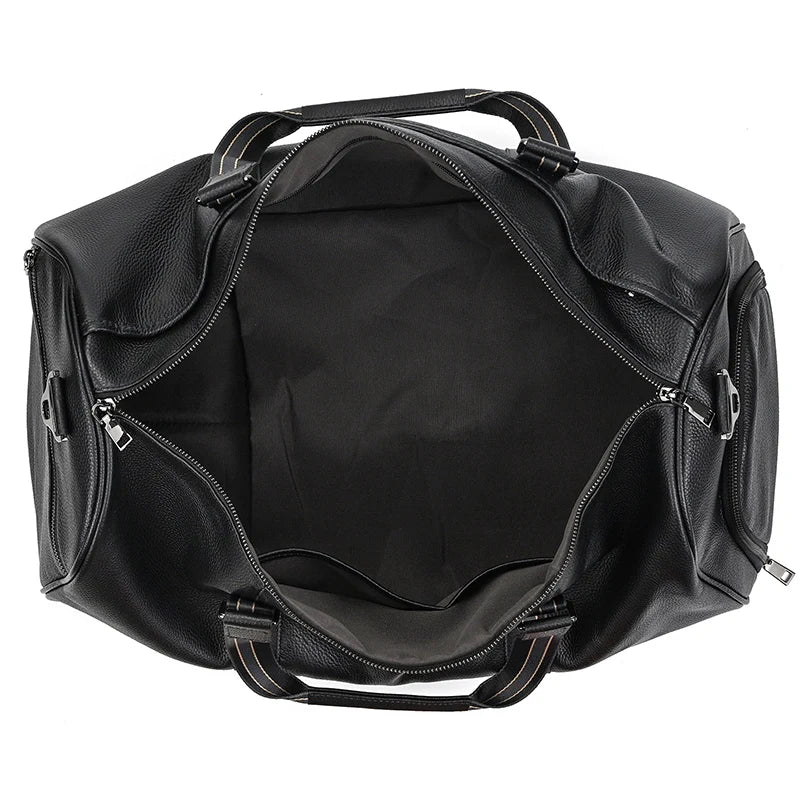 Black leather travel bag, spacious interior for weekend trips