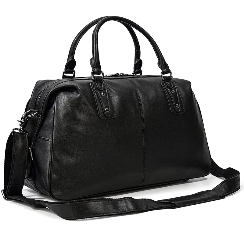 Black leather travel bag with shoulder strap for vacations