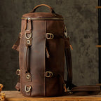 Brown leather travel bag with sturdy straps for adventurous trips