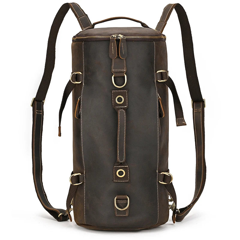 Brown leather travel bag with adjustable straps for versatile use