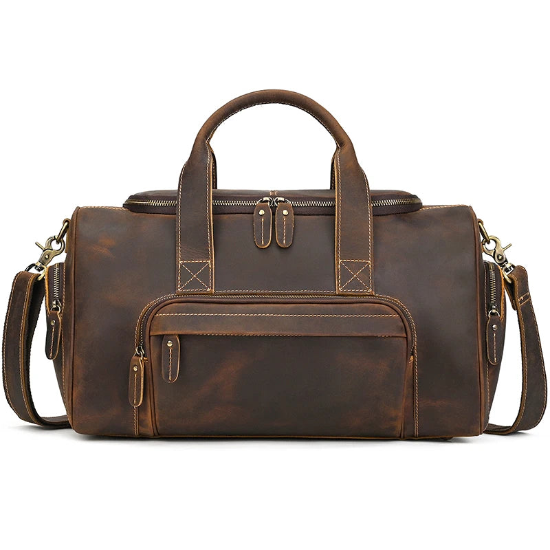 Men's brown leather travel bag with detachable shoulder strap