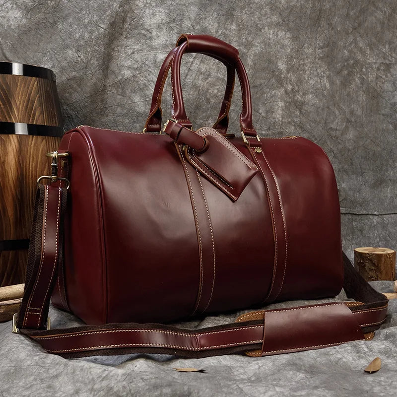 Brown leather travel bag, durable design for weekend getaways