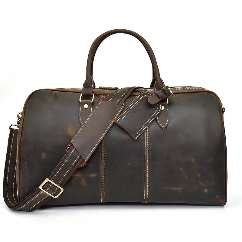 Brown leather travel bag, durable for weekend trips