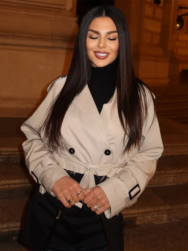Women's beige trench coat, stylish design, perfect for evening outings