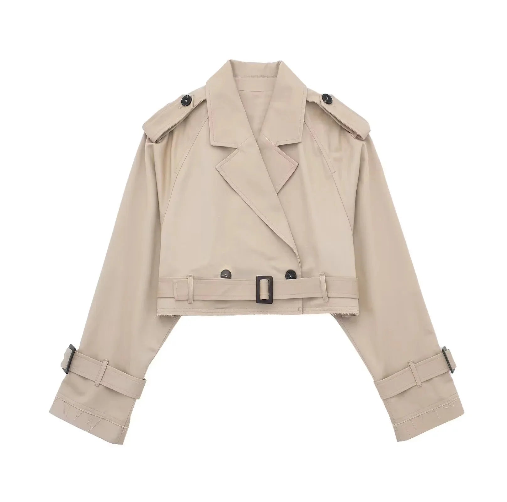 Beige trench coat women, cropped style for stylish layering