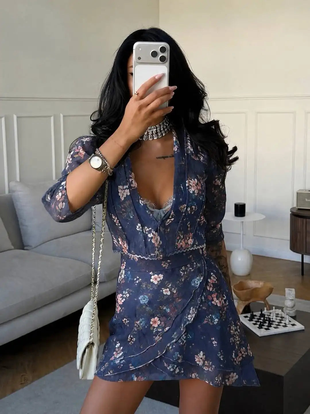 Floral two piece set, sheer top and mini skirt, perfect for casual outings