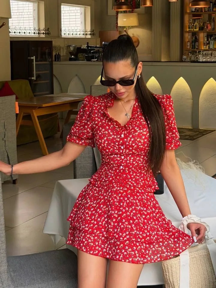 Red floral two piece set, lightweight fabric, perfect for summer outings
