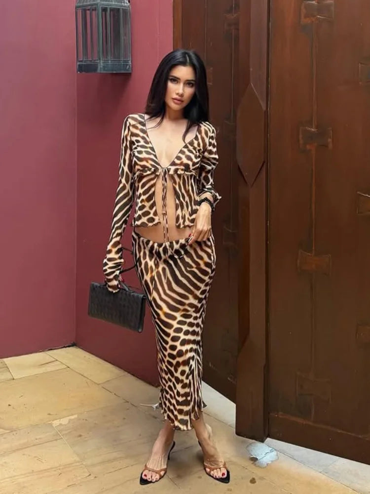 Women's animal print two piece set, lightweight fabric, stylish for day outings